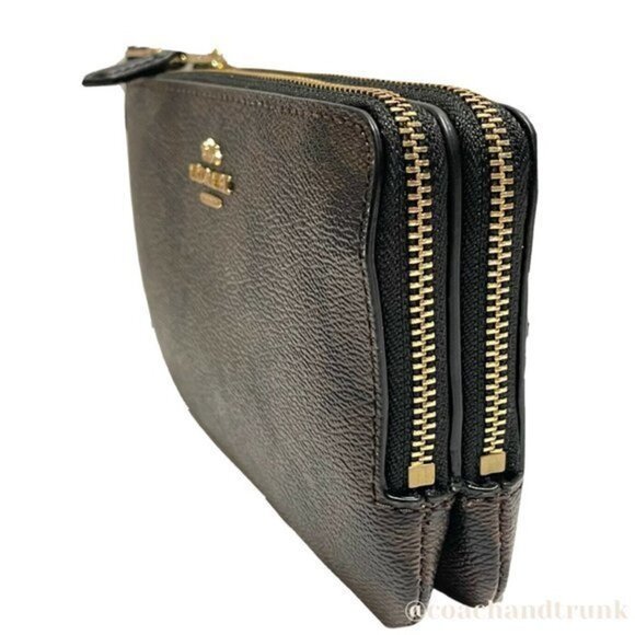 NWT COACH DOUBLE Corner Zip Wristlet In Signature "C" Dark Brown Gold Accents - Picture 2 of 14